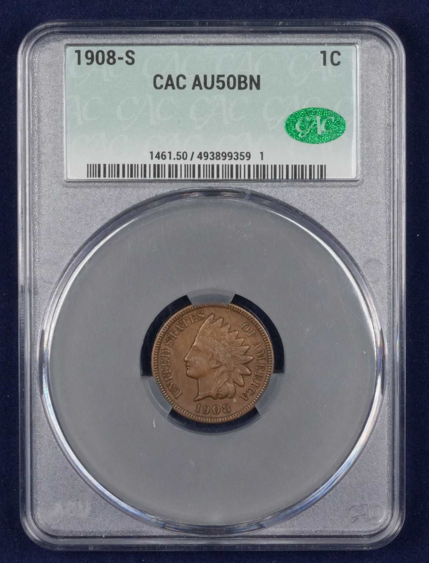 1908-S Indian Cent CAC Graded AU-50 BN (23)