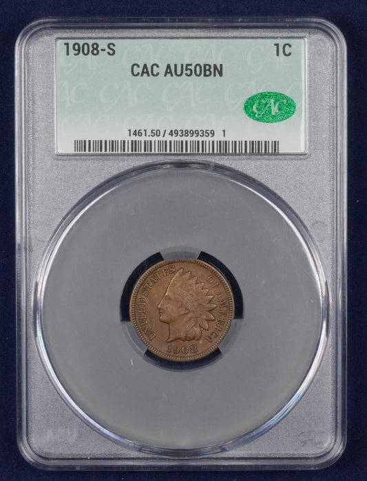 1908-S Indian Cent CAC Graded AU-50 BN (23)