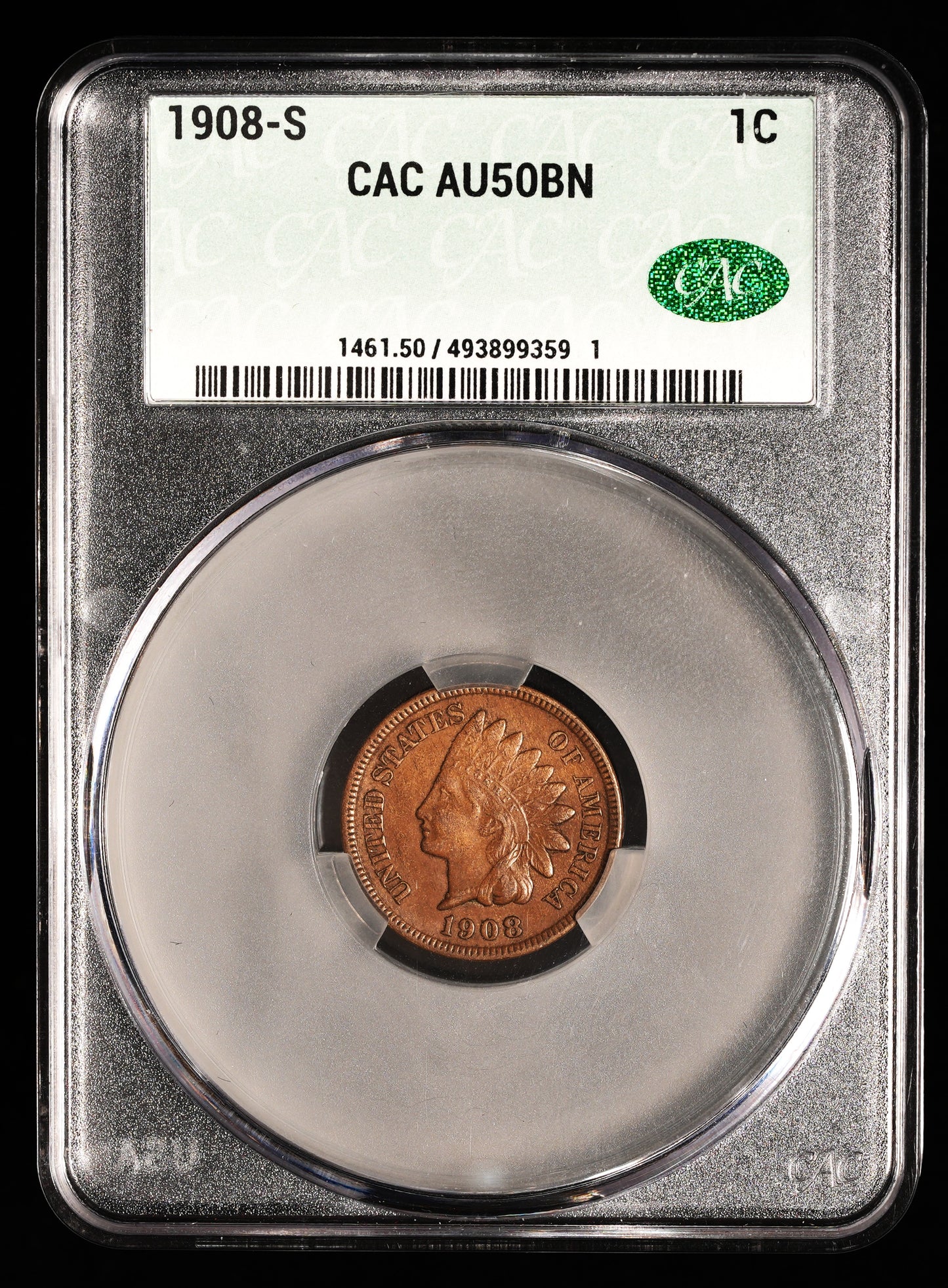 1908-S Indian Head Cent AU 50 BN CAC (23)