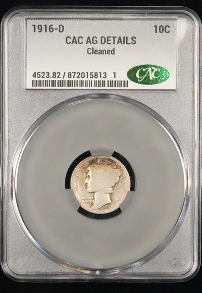 1916-D Mercury Dime AG Details Cleaned CAC (66)