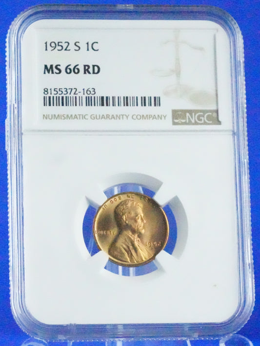 1952-S Lincoln Cent NGC Graded MS-66 RD (90)
