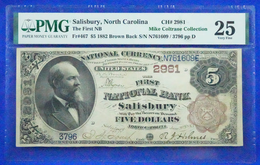 1882 $5 Brown Back Note PMG Graded VF-25 - Salisbury, NC (97)
