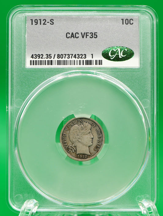1912-S Barber Dime VF 35 CAC (132)