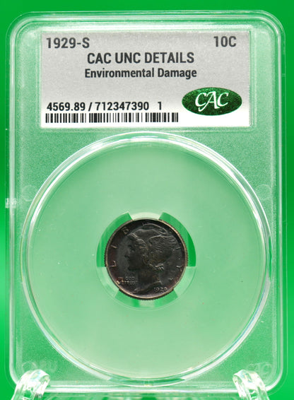 1929-S Mercury Dime Unc Details CAC (136)