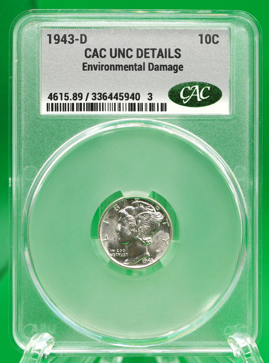 1943-D Mercury Dime Unc Details CAC (138)