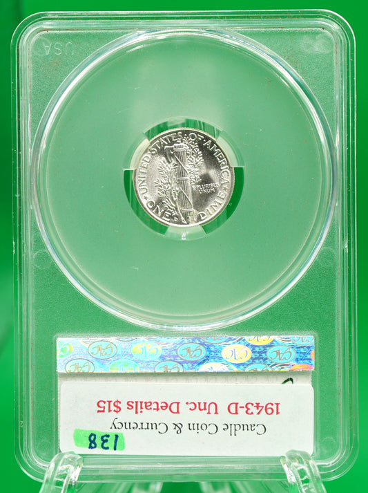 1943-D Mercury Dime Unc Details CAC (138)