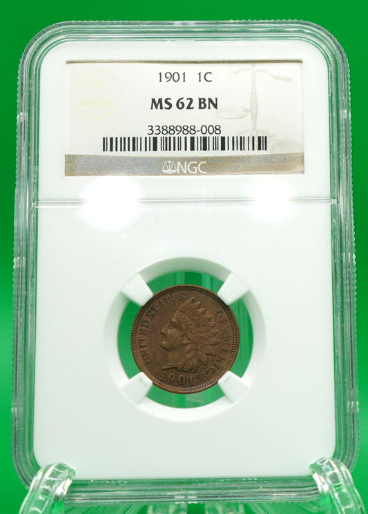 1901 Indian Head Cent MS 62 BN NGC (151)