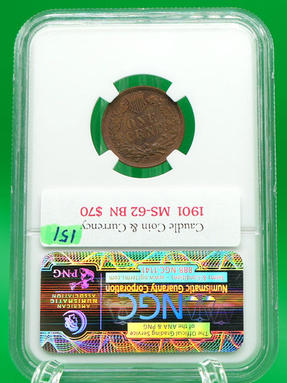 1901 Indian Head Cent MS 62 BN NGC (151)