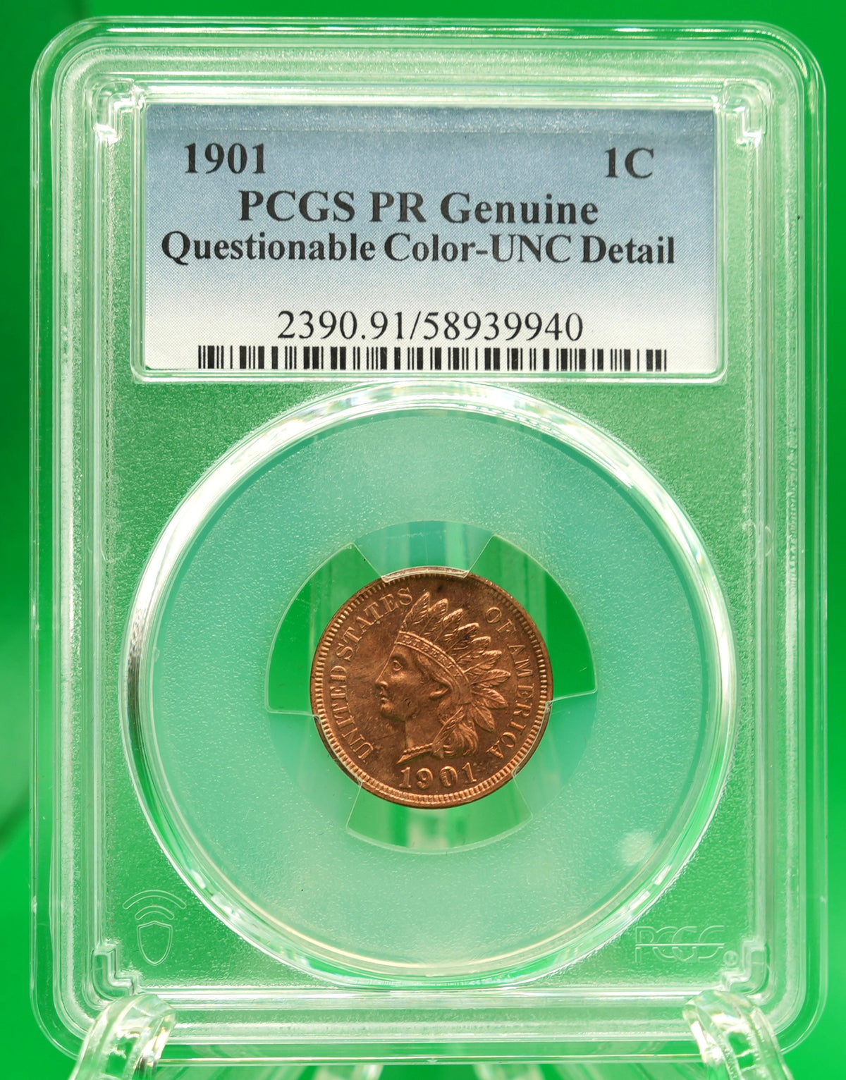 1901 Indian Head Cent Proof Genuine Questionable Color UNC Detail PCGS (156)