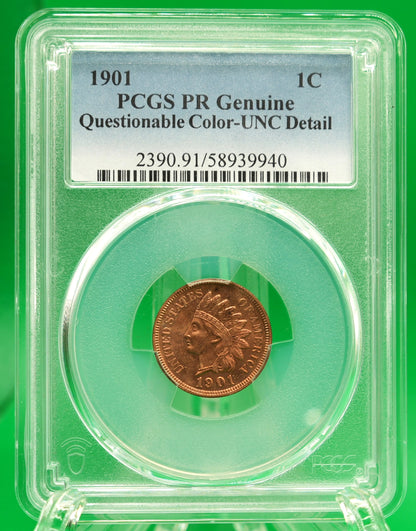 1901 Indian Head Cent Proof Genuine Questionable Color UNC Detail PCGS (156)