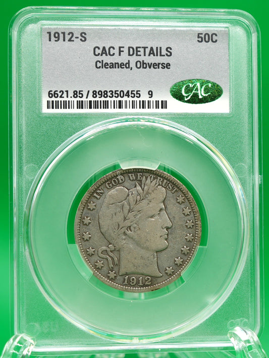 1912-S Barber Half F Details CAC (163)