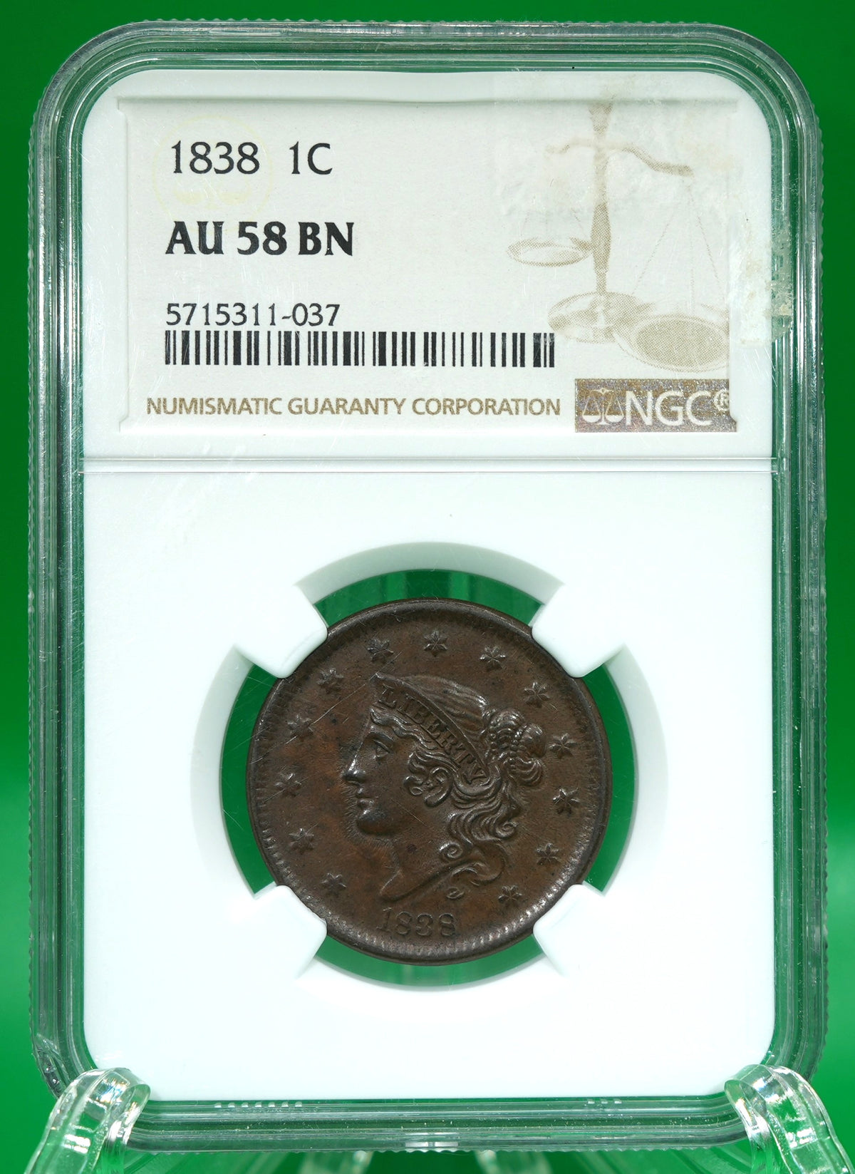 1838 Large Cent AU 58 BN NGC (180)