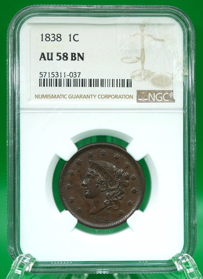 1838 Large Cent AU 58 BN NGC (180)