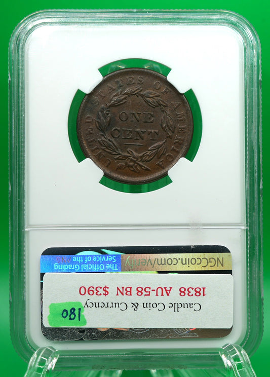 1838 Large Cent AU 58 BN NGC (180)